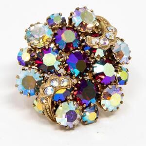 Vintage Czech Bohemian Aurora Borealis Rhinestones Gold Tone Mirrored Brooch Pin
